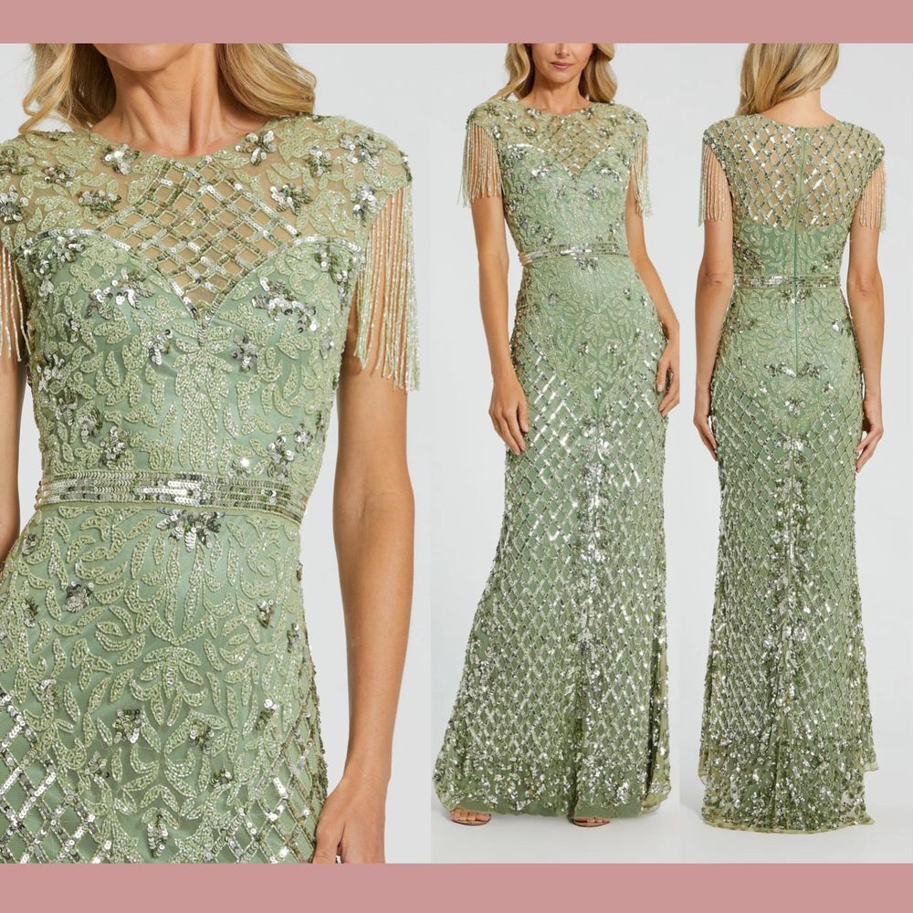 NWT Mac Duggal‎ [ 10 ] 4908 High Neck Sleeveless Beaded Fringe Gown Sage Green